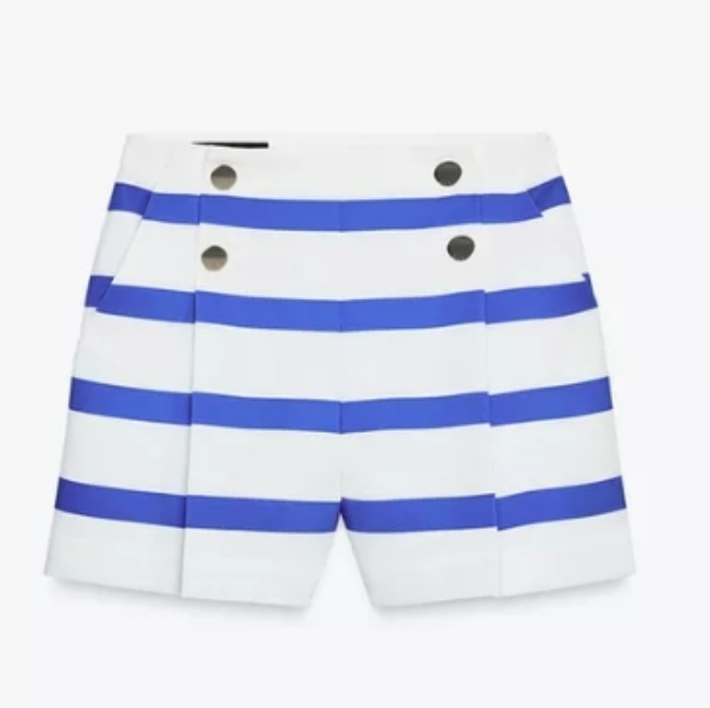 Zara  Blue and White Striped Pleated High Waist Shorts Sz-L - Picture 2 of 9